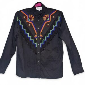 VTG 80’s Cedars Western Aztec Beaded Accents & Fringe Mock Neck button Down SZ 8